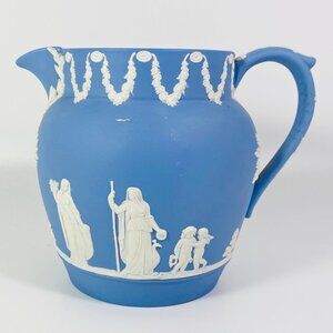 Vintage Wedgwood Jasperware Pitcher Creamer Jug Garland Trim 5” Blue 1959